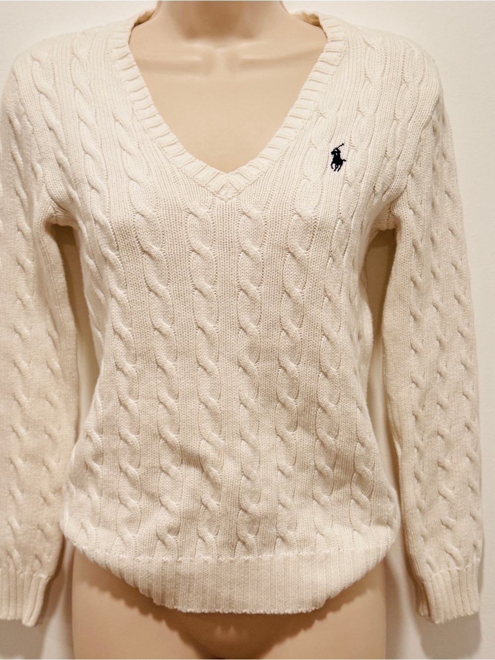 Ralph Lauren Off-White Cable-Knit V-Neck Sweater